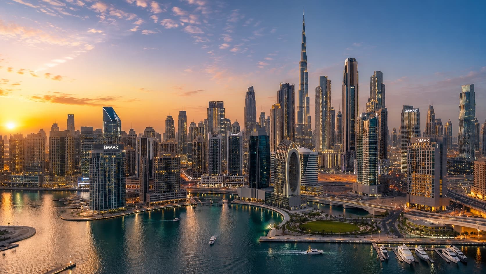 Waterfront in the United Arab Emirates, the national flag flying above the city skyline